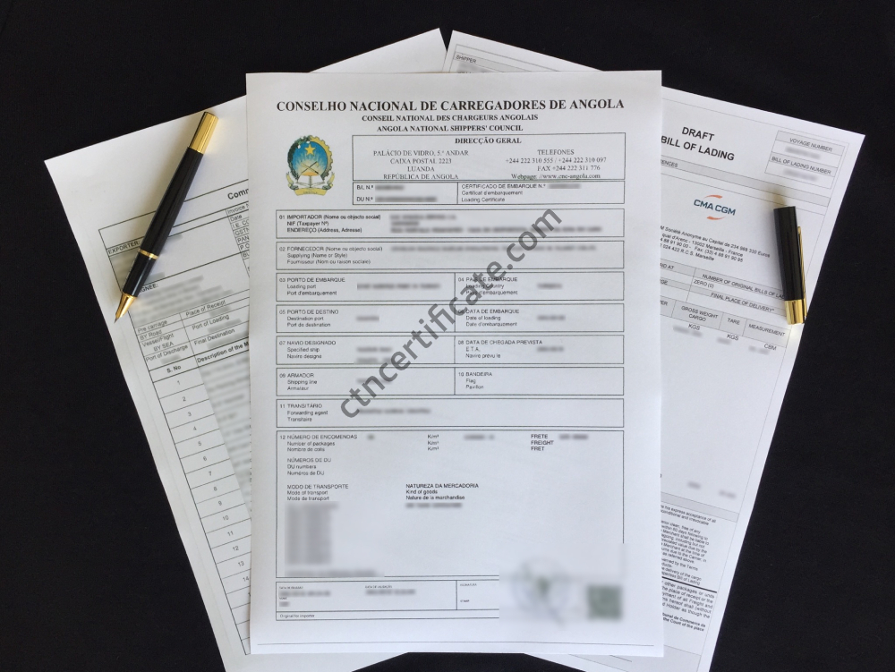 A commercial invoice, a bill of lading and the CNCA certificate for Angola with a pen on a black background.