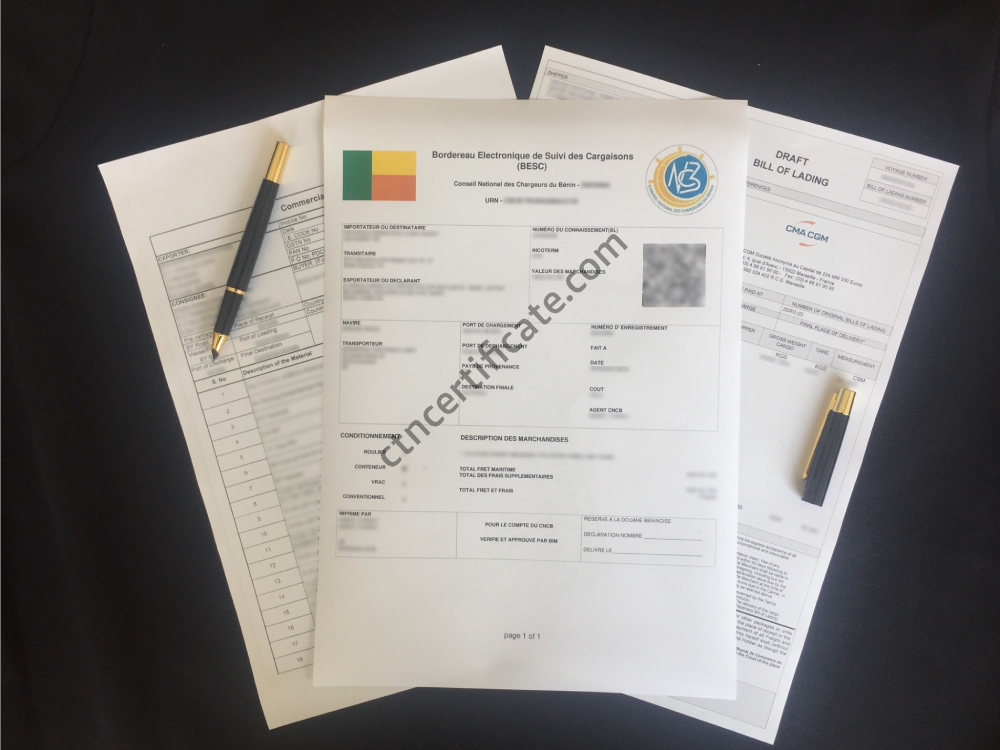 A commercial invoice, a bill of lading and the BESC certificate for Benin with a pen on a black background.