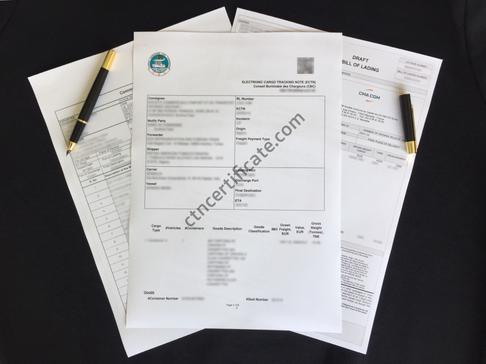 A commercial invoice, a bill of lading and the ECTN certificate for Burkina Faso with a pen on a black background. 