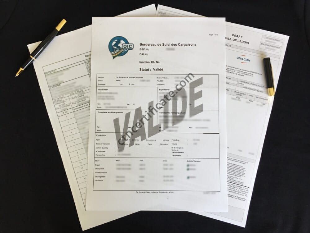 A commercial invoice, a bill of lading and the BSC certificate with a pen on a black background. Transit shipments.