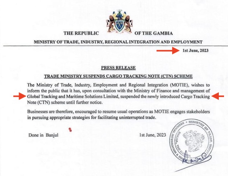 Gambia CTN certificate sample document